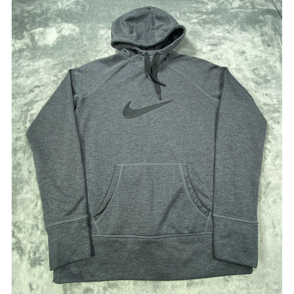 Nike‎ Hoodie Mens L Gray Pullover Kangaroo Pocket Center Swoosh Therma-Fit Sport